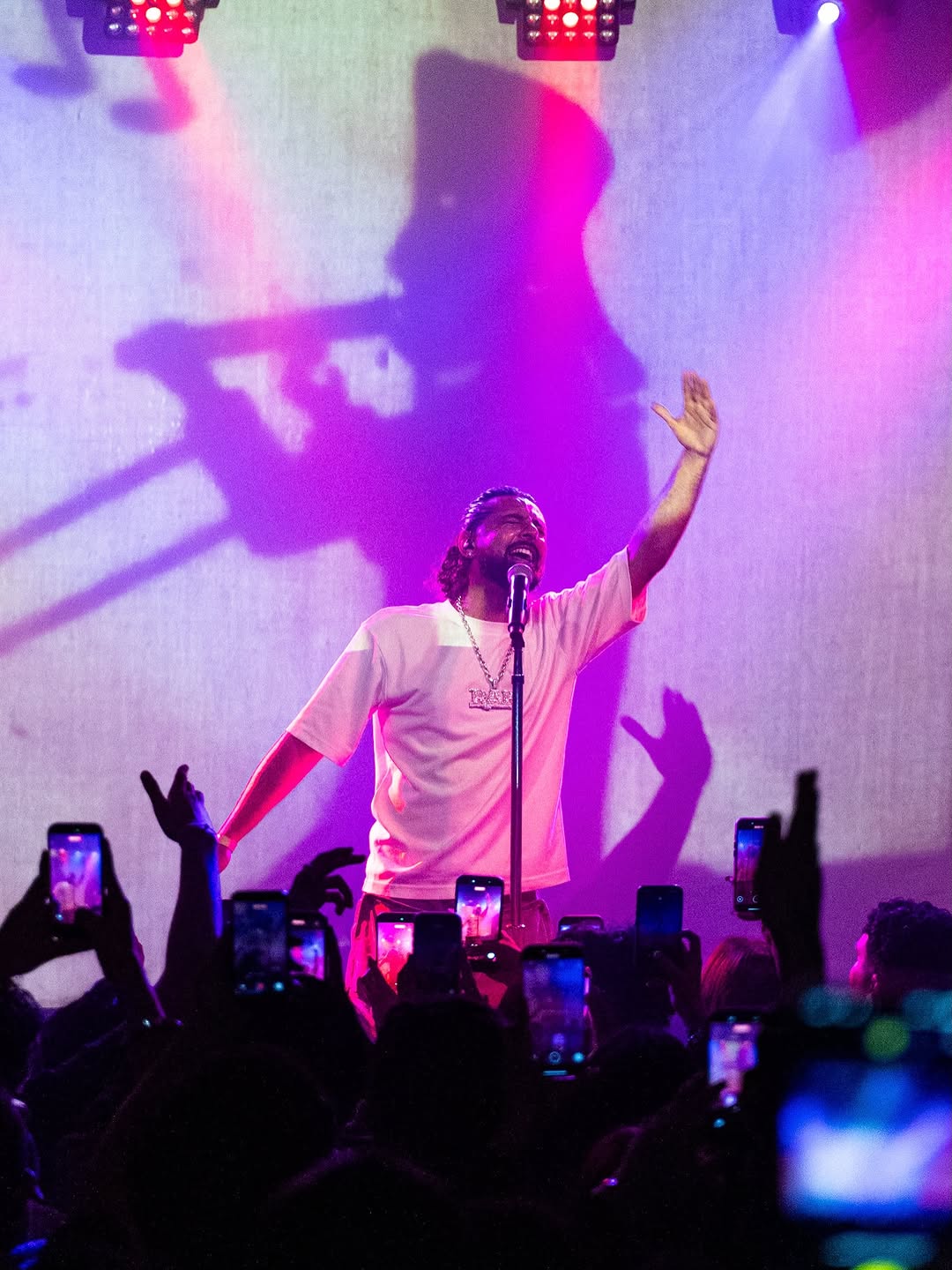 Raf on stage under pink and purple lights